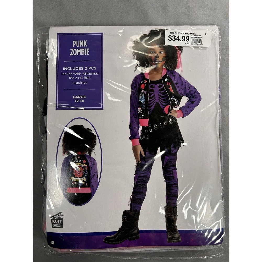 Punk Zombie Halloween Costume Girls Large 12-14, 2 piece NEW